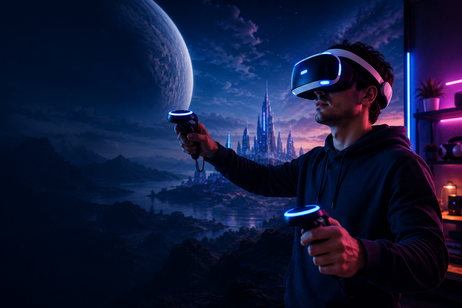 Man using a virtual reality headset in a futuristic VR world