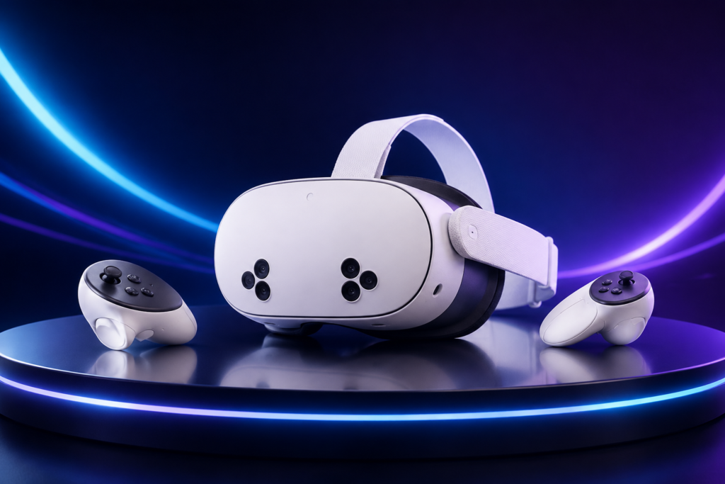 White standalone VR headset and controllers for the Meta Quest 3S review