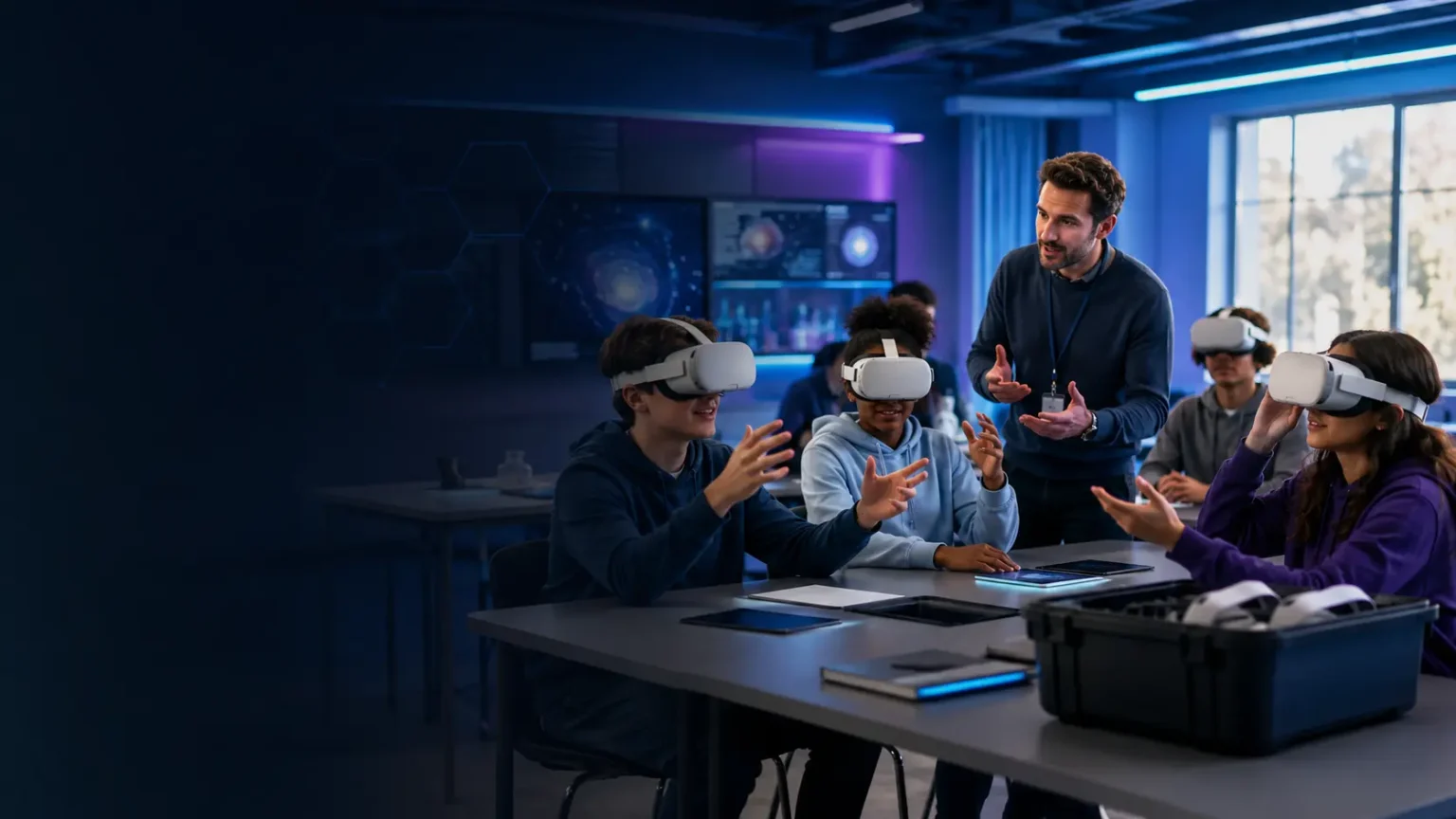 Students and teacher using virtual reality headsets in a modern classroom