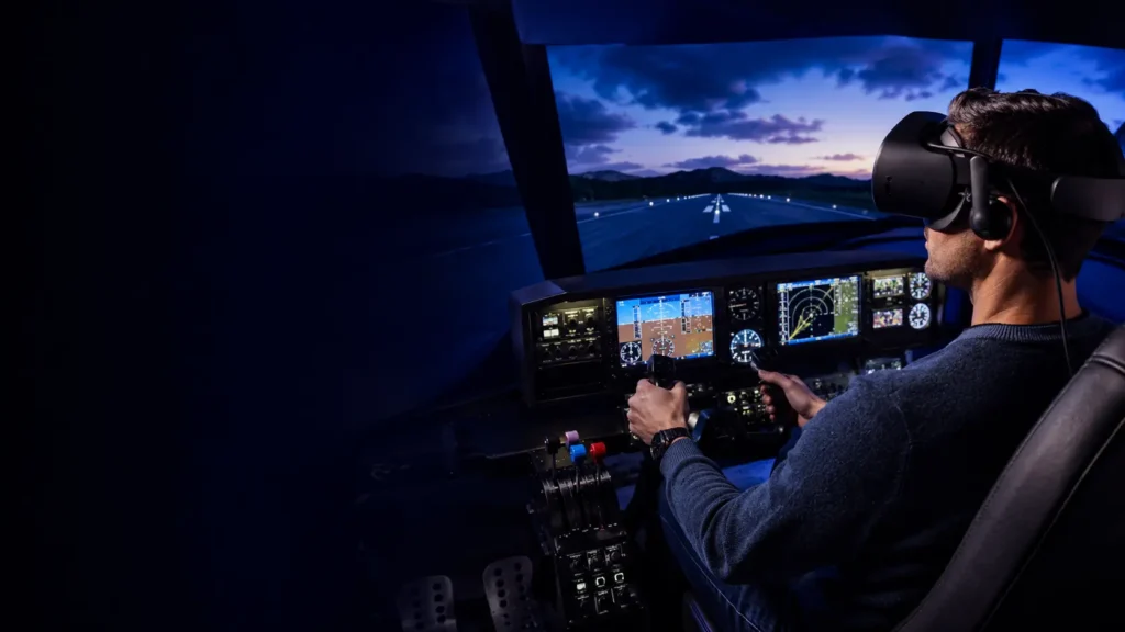 Virtual reality flight simulator cockpit with a headset, controls and aircraft view