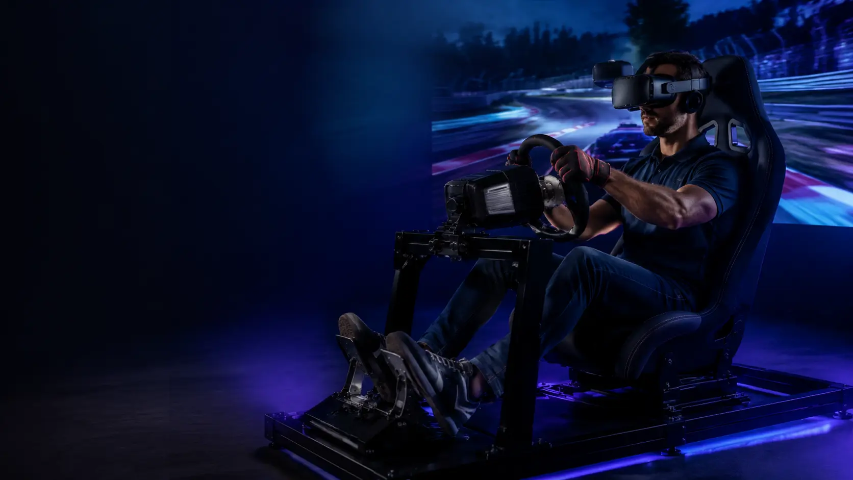 VR sim racing driver using a headset in a high-performance racing cockpit